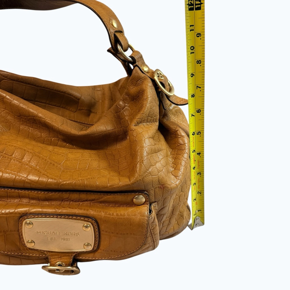 Michael Kors Brown Croc Embossed Leather Hobo Shoulder Bag Gold Hardware